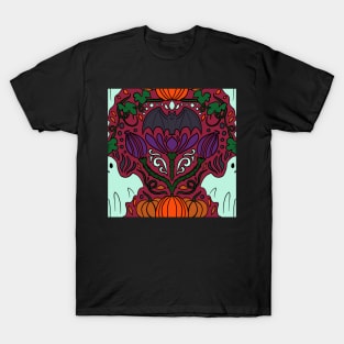 Halloween Damask Spooky Ghost and Pumpkin and Bat Halloween Print Cranberry T-Shirt